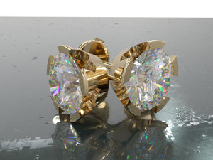 Front view of two diamonds in rubover gold  stud earrings